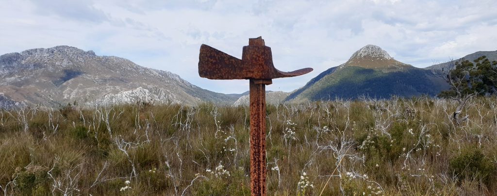 An old rusty adze head on one of the stakes marking the track